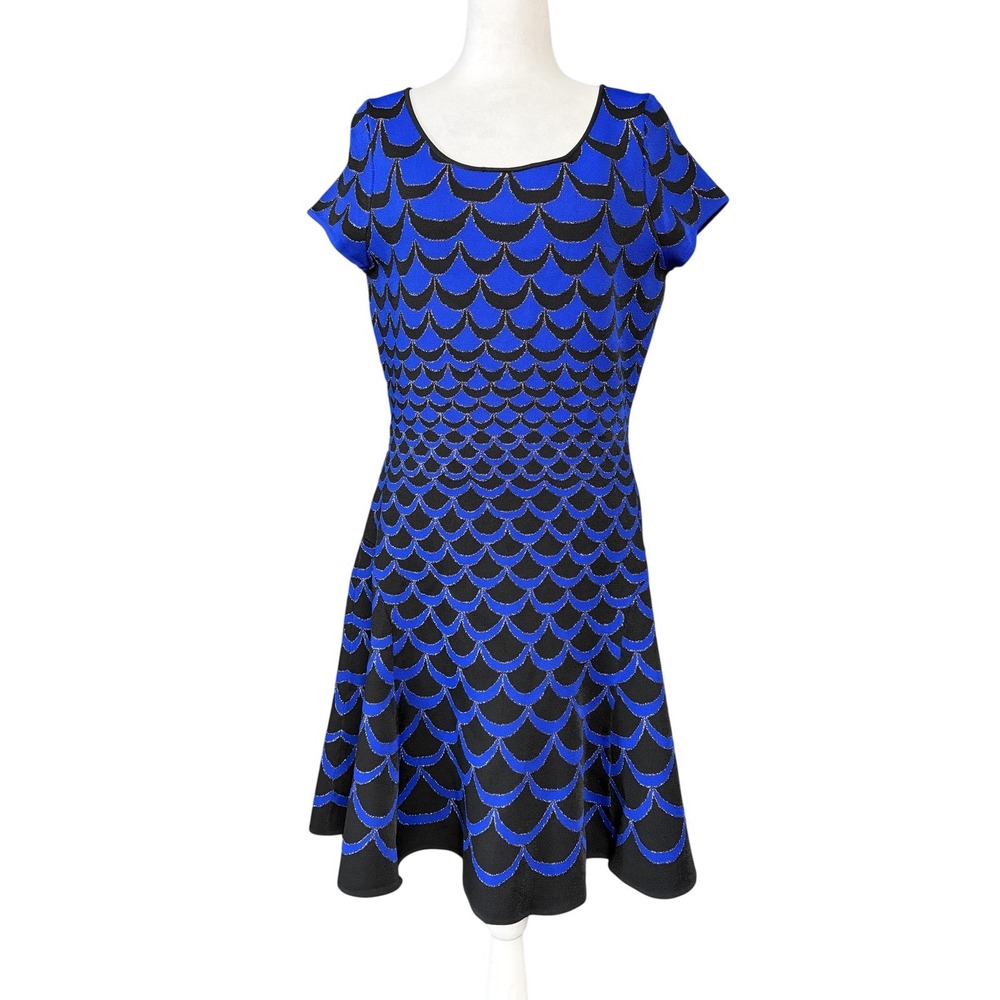 Diane Von Furstenberg Sweater Dress Womens L Blue Geometric Fit Flare Metallic